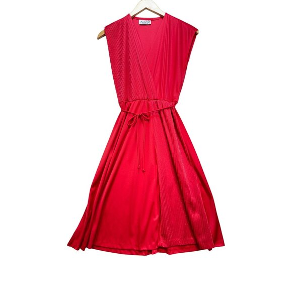 Vintage Entourage T.M Wrap Midi A-Line Dress Size Red Sleeveless Pleated Chic - Picture 1 of 12